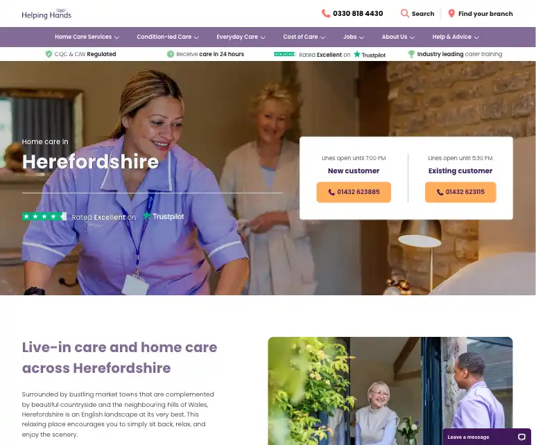 Helping Hands home care Herefordshire local seo landing page